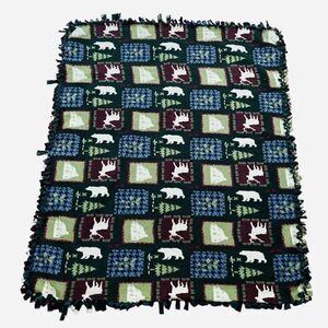 Handmade Fleece Blanket Hand Tied Large Throw 59"x45" Log Cabin Bears Deer Bucks
